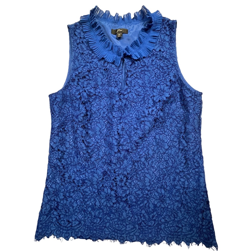 J.Crew Lace Ruffle Neck Sleeveless Shell Women MT Blue Floral Keyhole Blouse